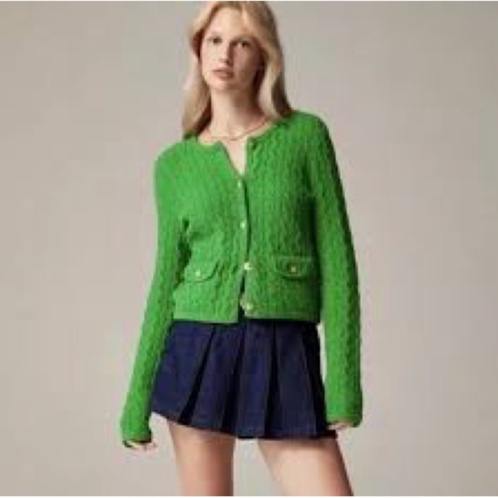 J. CREW Odette Green Cable Knit Sweater Cardigan NWT